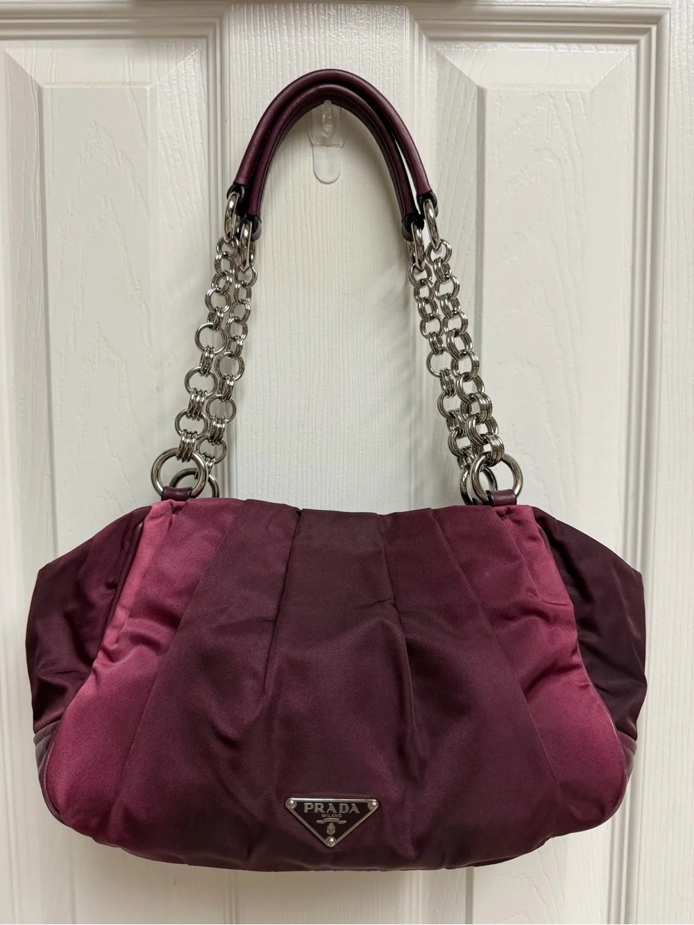 Prada Two-Tone Plum Satin Shoulder Bag with Chain Handles - Picture 1 of 14